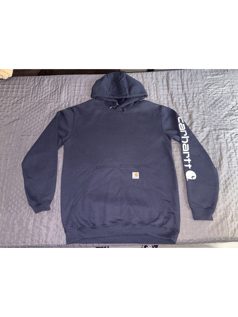 Carhartt K288 Hoodie Mens M Navy Loose Fit Logo Sleeve Workwear